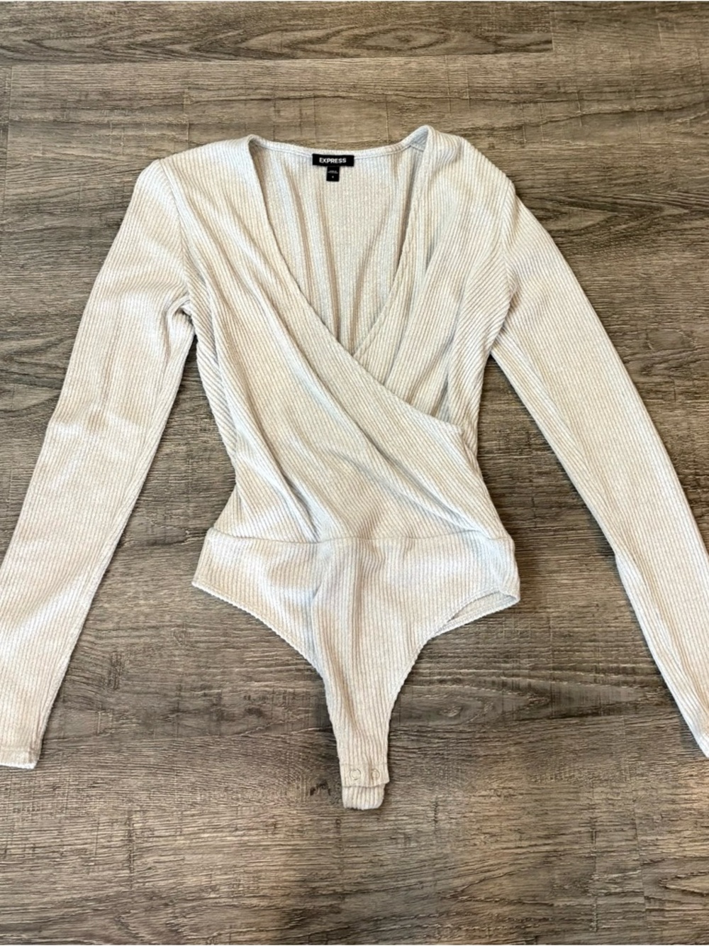 Express Light Grey Ribbed Wrap-Front Long Sleeve Bodysuit